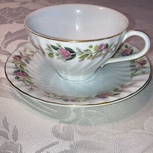 CREATIVE porcelain cup/saucer from Japan with pink roses, green leaves $25